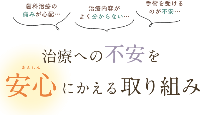 「歯科治療の痛みが心配…」「治療内容がよく分からない…」「手術を受けるのが不安…」治療への不安を安心にかえる取り組み